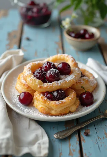 Zeppole nadziewane dżemem wiśniowym, posypane cukrem pudrem, podane
