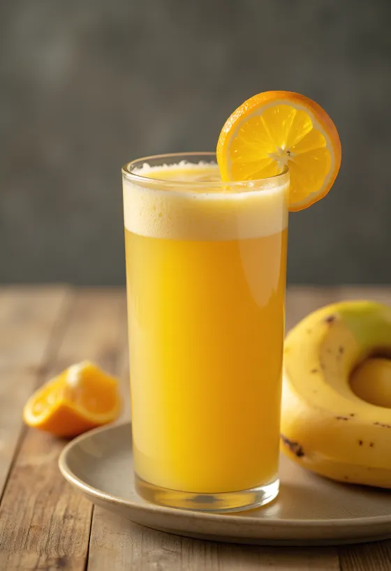 Kremowy sok bananowo-pomarańczowy w szklance z plasterkiem pomarańczy