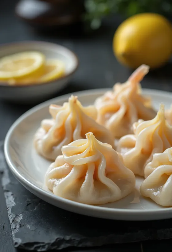 Chińskie pierożki har gow w półprzezroczystym cieście z nadzieniem krewetkowym, podane w bambusowym parowniku