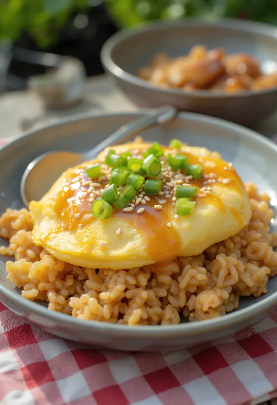 Miso omurice w misce, udekorowane sezamem i świeżą dymką
