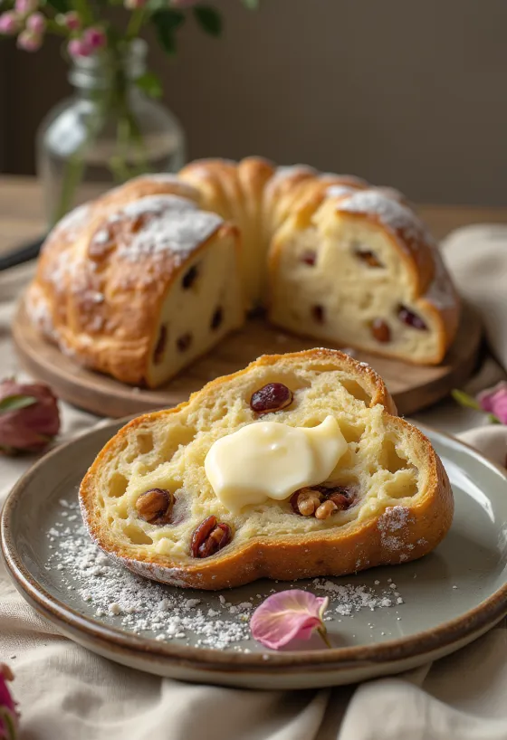 Stollen z wodą różaną i orzechami pokrojony w plastry, z orzechami i cukrem pudrem