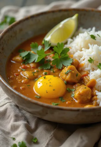 Wegańskie curry z bakłażana z ryżem podane ze świeżą kolendrą