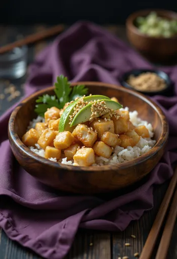 Chirashizushi z tofu, podane z awokado, ogórkiem i sezamem