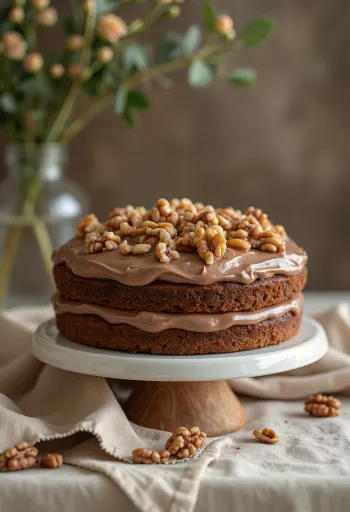 Tort orzechowy z kremem Nutella udekorowany czekoladą i orzechami