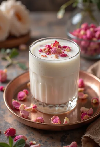 Różane lassi podane z kostkami lodu