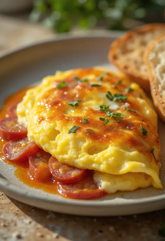 Omlet z chorizo podany na talerzu