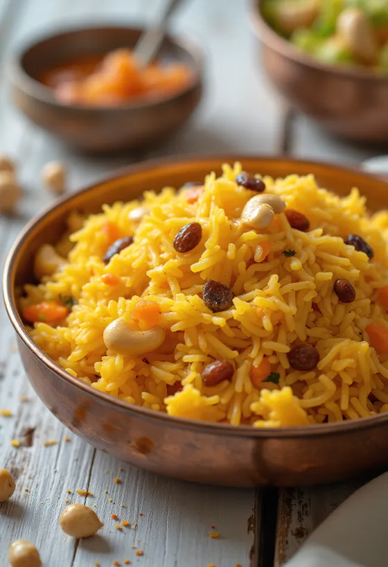 Mishti Pulao z marchewką podane z kardamonem, orzechami nerkowca i rodzynkami