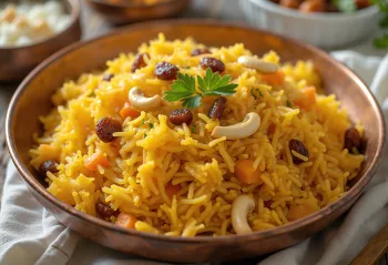 Mishti Pulao z marchewką podane z kardamonem, orzechami nerkowca i rodzynkami