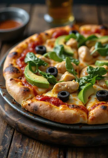 California Pizza ze świeżym awokado, piersią z kurczaka i szpinakiem