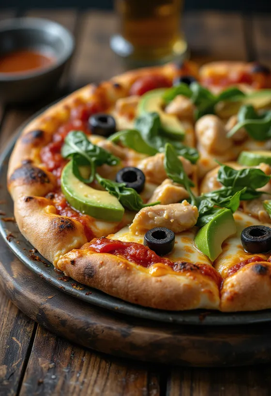 California Pizza ze świeżym awokado, piersią z kurczaka i szpinakiem