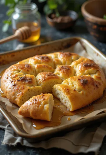 Focaccia cynamonowo-miodowa podana na talerzu