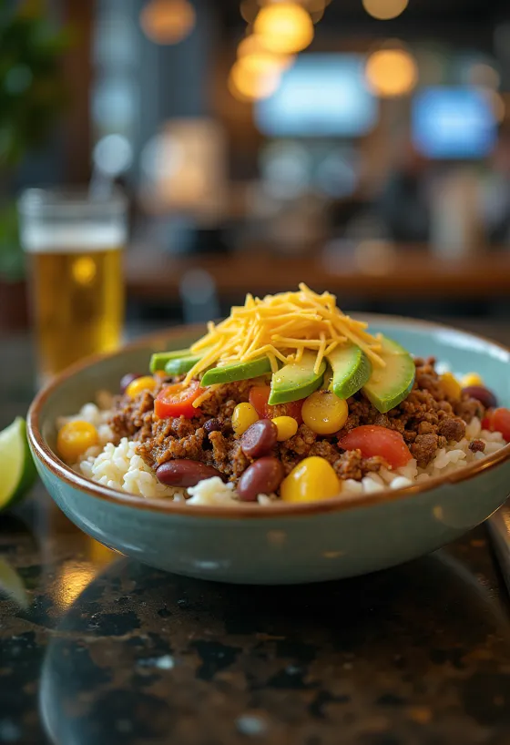 Burrito bowl z wołowiną, ryżem, fasolą, kukurydzą i serem