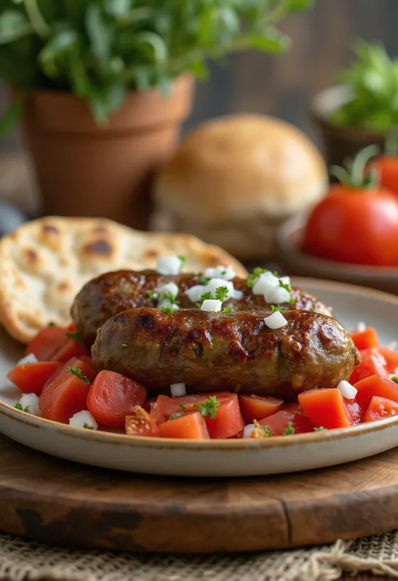 Ćevapi z pomidorami, świeżo upieczone i pięknie zrumienione, podawane na chlebku pita