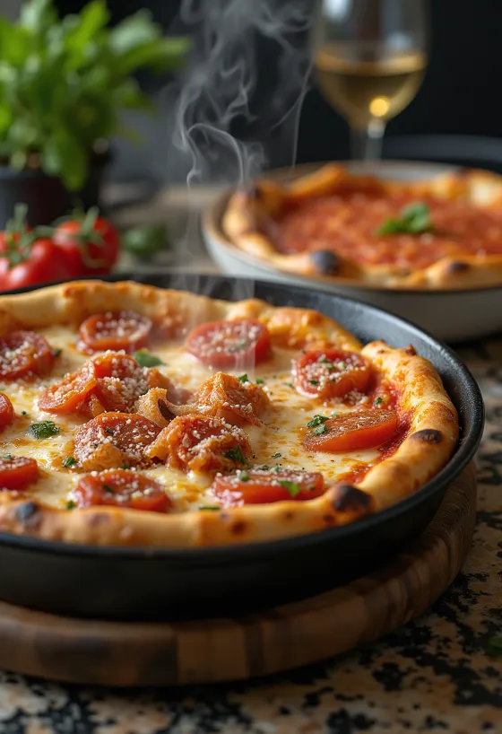 Chicago Deep-Dish Pizza z dużą ilością sera i sosem pomidorowym