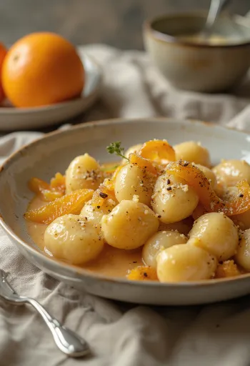Gnocchi z kandyzowaną pomarańczą i cynamonem podane na talerzu