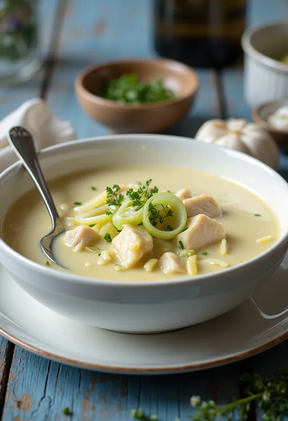 Zupa krem z kurczaka z porem podana na talerzu