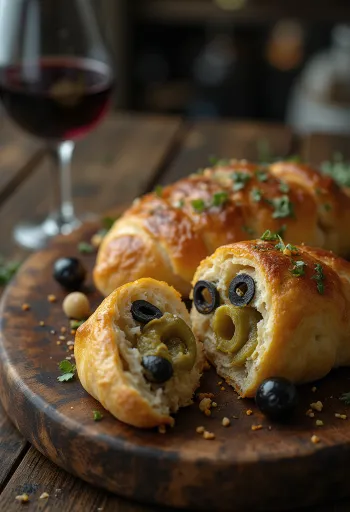 Stromboli z oliwkami, z bogatą warstwą oliwek i roztopioną mozzarellą na wierzchu, chrupiące na zewnątrz i miękkie w środku.