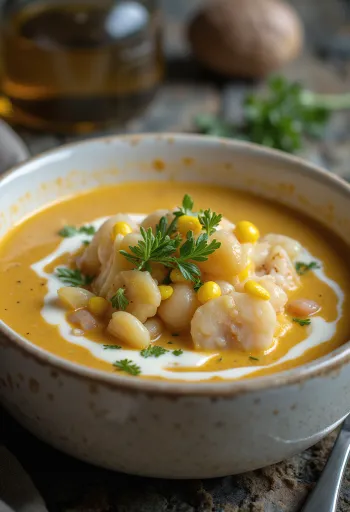 Chupe de mariscos, zupa z owoców morza, ze śmietaną i świeżymi warzywami