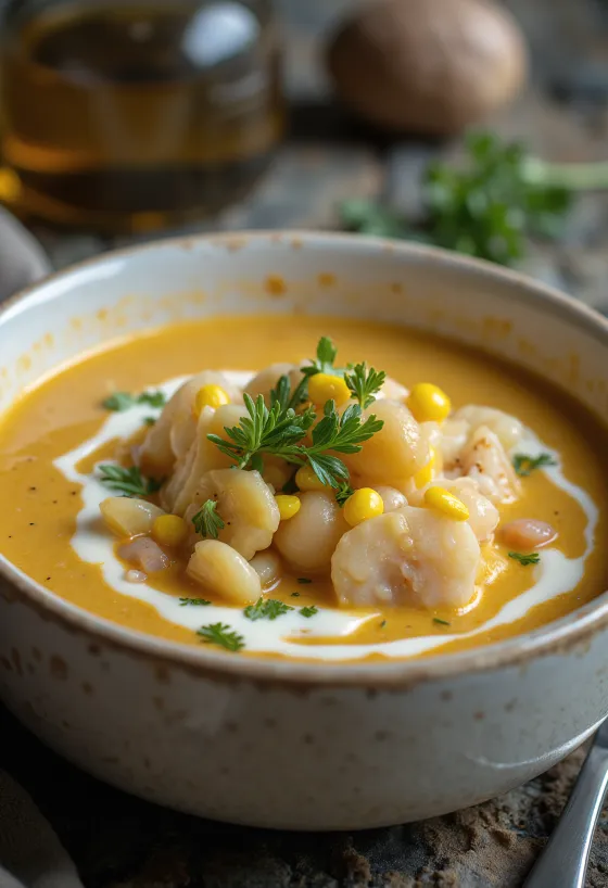 Chupe de mariscos, zupa z owoców morza, ze śmietaną i świeżymi warzywami