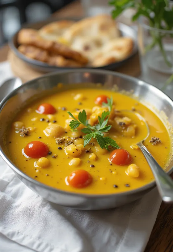Moong Dal Fry o bogatych korzennych smakach, ze świeżymi liśćmi kolendry.
