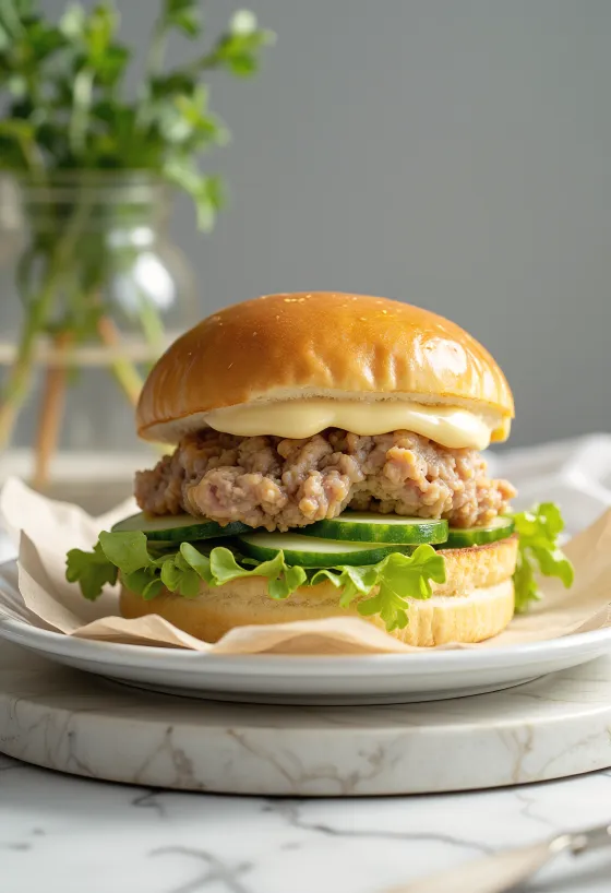 Świeżo przygotowany burger z tuńczyka z kaparami i koperkiem