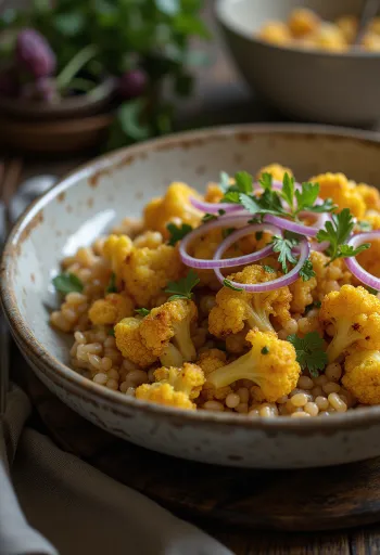 Farro z pieczonym kalafiorem i przyprawą curry podane