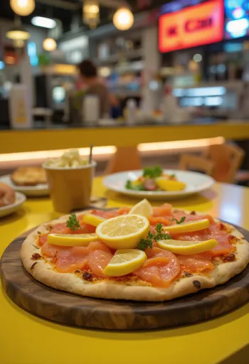 Moskiewska pizza z wędzonym łososiem i śmietaną