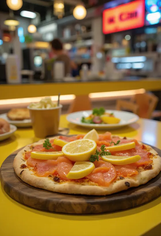 Moskiewska pizza z wędzonym łososiem i śmietaną