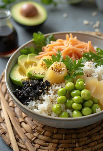 Wegański sushi bowl z warzywami i ziarnami sezamu