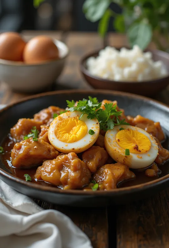 Adobo z jajkiem podane, kurczak i jajko połączone jako pyszny posiłek.