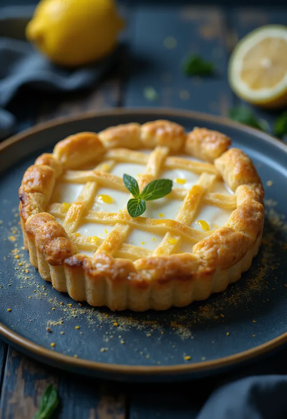 Crostata z ricottą i skórką z cytryny podana, rustykalna włoska tarta