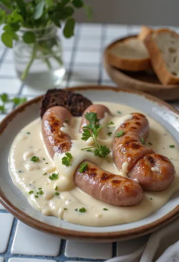 Kiełbasa wiejska w sosie śmietanowym podana z dodatkiem