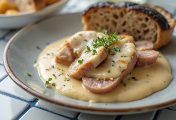 Kiełbasa wiejska w sosie śmietanowym podana z dodatkiem