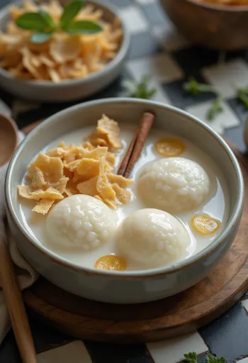Kokosowe Tangyuan podane ze świeżymi wiórkami kokosowymi i olejem sezamowym