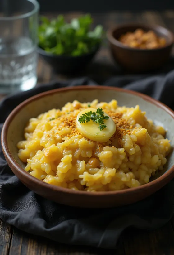 Moong dal khichdi w misce, udekorowane świeżą kolendrą