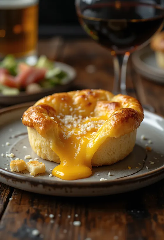 Yorkshire pudding nadziewany serem, ciasto upieczone na złoty brąz