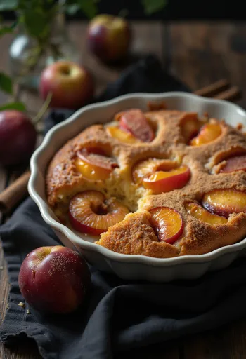 Cynamonowy tort śliwkowy podany z cukrem pudrem i cynamonem