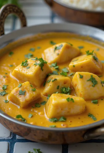 Rybne curry z Kerali z wieprzowiną, podane w bogatej bazie z mleka kokosowego