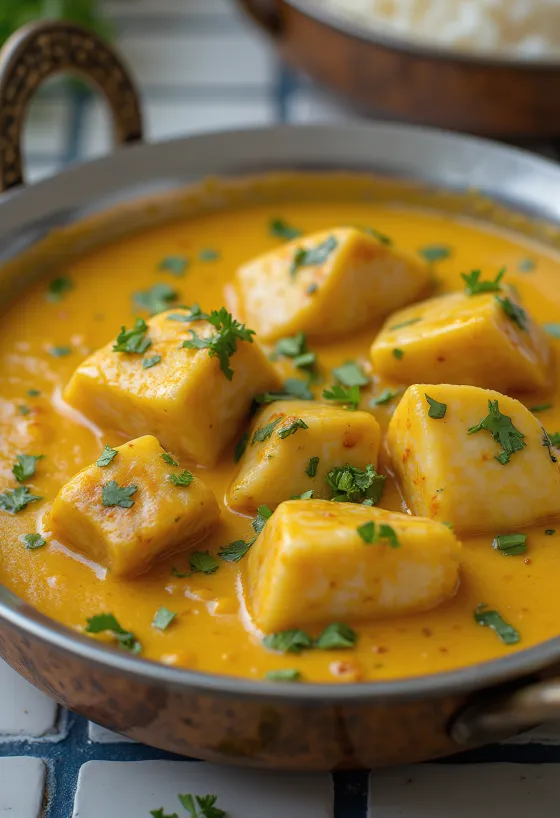 Rybne curry z Kerali z wieprzowiną, podane w bogatej bazie z mleka kokosowego