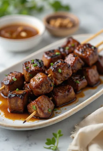 Wołowina Satay, grillowana wołowina w marynacie z masła orzechowego