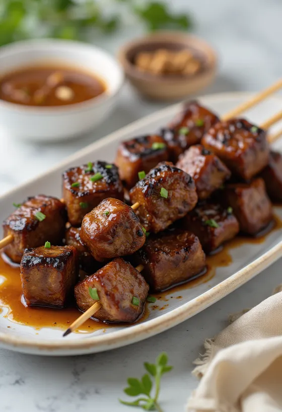 Wołowina Satay, grillowana wołowina w marynacie z masła orzechowego