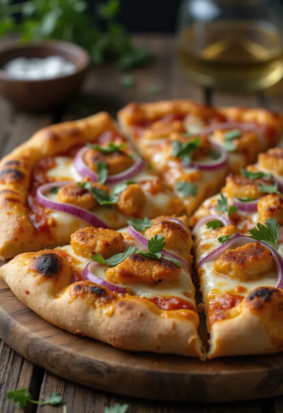 Pizza z kurczakiem Tandoori, z pikantnymi kawałkami kurczaka, serem mozzarella i kolendrą