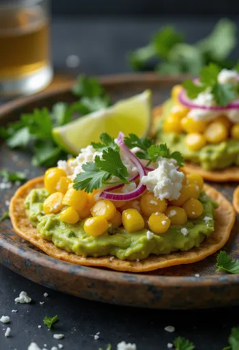 Świeżo przygotowana Tostada z kukurydzą i awokado, podana z serem feta.