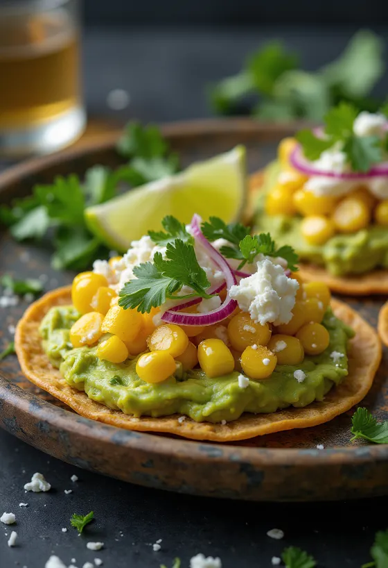 Świeżo przygotowana Tostada z kukurydzą i awokado, podana z serem feta.