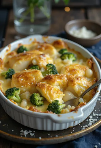 Bacalhau com natas podane z brokułami, zapieczone na złotobrązowo danie rybne
