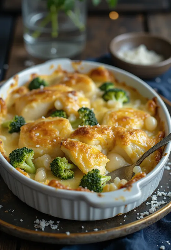 Bacalhau com natas podane z brokułami, zapieczone na złotobrązowo danie rybne