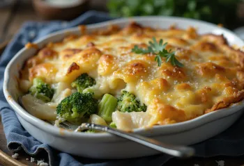 Bacalhau com natas podane z brokułami, zapieczone na złotobrązowo danie rybne