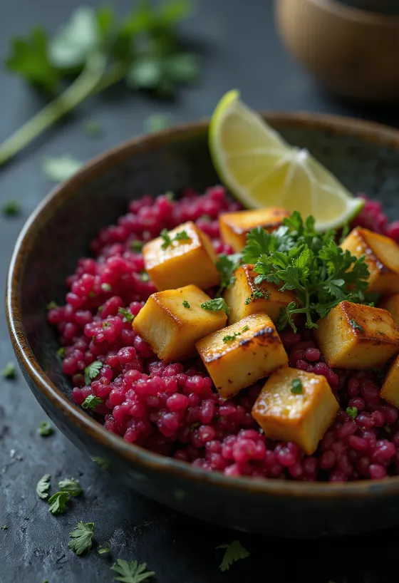 Curry Buddha bowl z komosą ryżową, burakami i limonkowym tofu