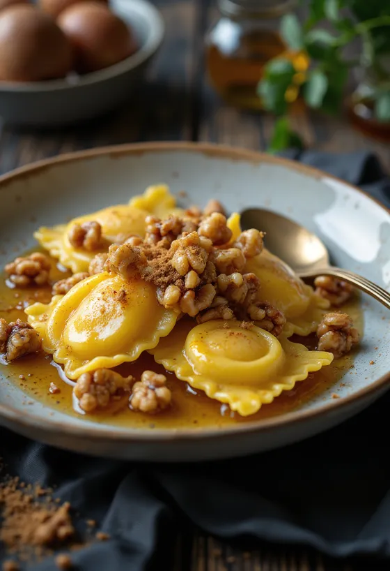 Ravioli z karmelizowanym jabłkiem i orzechami podane na talerzu