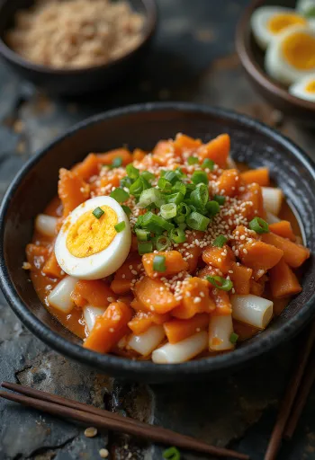Tteokbokki z warzywami, udekorowane jajkiem i sezamem